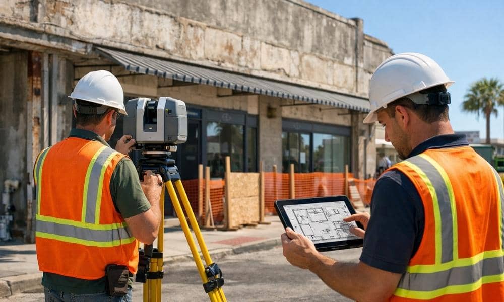 Surveyors performing an as-built survey with a 3D laser scanner and digital building plans before renovating an older commercial building