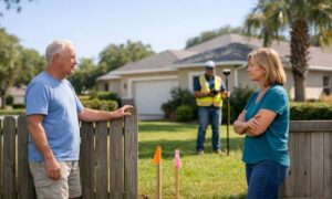 Two neighbors discuss a property line while a land surveyor marks the boundary between their homes
