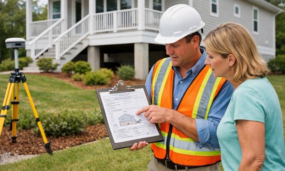 Surveyor reviewing an elevation certificate with a homeowner outside a raised home