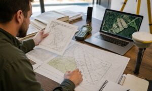 Licensed surveyor reviewing property records and maps before fieldwork