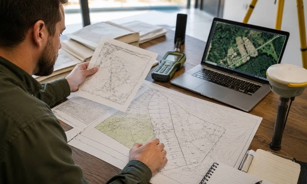 Licensed surveyor reviewing property records and maps before fieldwork