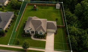 Aerial view of a suburban home with a plat of survey overlay showing property boundaries, easements, and setbacks