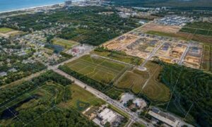 Aerial view showing new development areas, roads, and surrounding properties in Panama City Florida