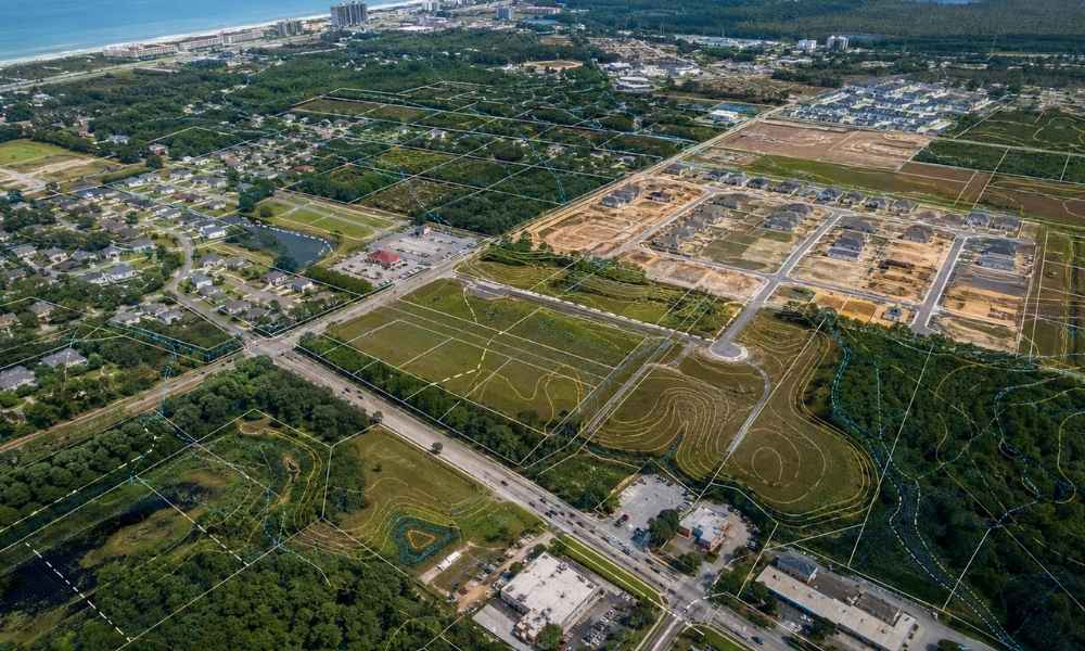 Land development aerial view - ALTA SURVEY Florida Aerial view showing new development areas, roads, and surrounding properties in Panama City Florida