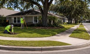Surveyors locate property line markers on a corner lot in Jacksonville, Florida