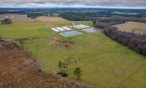 Aerial view of agricultural land and water features evaluated as part of a due diligence survey